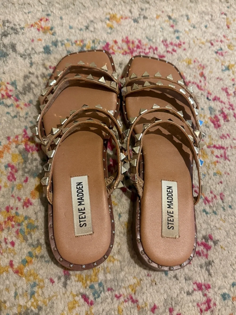 Hardly Worn Steve Madden Tan Studded Triple-Strap Slide Sandals - Picture 7 of 7